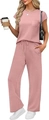 Detail view of pink loose short sleeve top and high waist wide leg pants set with pockets - Pink