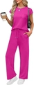 Detail of rose red casual two-piece set featuring pocket t-shirt and wide-leg trousers - Rose Red
