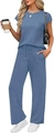 Detalle de conjunto casual azul con pantalones anchos de cordón y camiseta con bolsillo - S / Azul Grisáceo