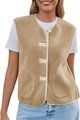 Detail van de kaki sherpa bodywarmer met getextureerde imitatiewol en retro knoopsluiting - XS / Khaki