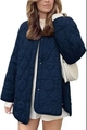 Detailed close-up of wave quilted navy jacket with metallic snap buttons and collarless neck - Navy Blue