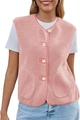 Close-up of pink faux shearling vest featuring yellow buttons and large patch pockets - Pink