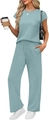 Detail of solid color round neck top with chest pocket and elastic drawstring waistband - Mint Green