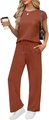 Detail of red-brown lounge set showing round neck pocket tee and drawstring wide leg pants - Orange Red