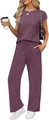 Detail of dark purple lounge set featuring short sleeve pocket tee and drawstring pants - Deep purple