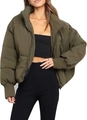 Women's olive green puffer jacket featuring a stand collar and metallic zipper closure - S / Army Green