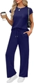 Detalle de conjunto azul marino con top de cuello redondo, bolsillo y pantalón ancho de cordón - S / Azul marino