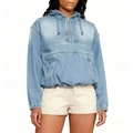 Women's light blue hooded denim jacket with loose silhouette and large front pocket - S / Light Blue