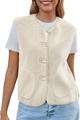 Detailed view of cream faux shearling vest featuring round neck and four-button closure - Apricot