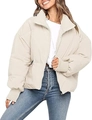 Women's oversized beige puffer jacket featuring a stand collar and ribbed cuffs design - S / Apricot