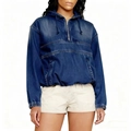Women's dark blue denim hoodie jacket with half-zip, drawstring hood and front pocket - S / Dark Blue