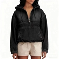 Women's black denim hooded jacket with half-zip design and large kangaroo pocket - S / Black
