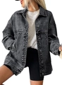 Detail of loose dark grey acid wash denim jacket with metal buttons and deep side pockets - S / Dark Grey
