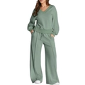 Two-piece casual set in sage green featuring a V-neck sweatshirt and drawstring wide-leg pants - Green