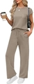 Women's casual two-piece set in khaki with pocket t-shirt and wide-leg drawstring pants - Khaki