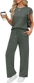 Women's casual two-piece sage green lounge set with short sleeve top and wide leg pants - Army Green