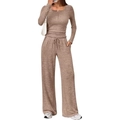 Women's 2-piece coffee knit set featuring a long sleeve Henley top and drawstring wide leg pants - S / Khaki