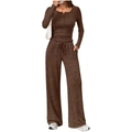 Women's 2-piece lounge set with long sleeve Henley top and wide leg pants in dark brown - S / Dark Brown
