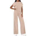 Damen 2-Teiler Set mit ärmellosem Oberteil und weiter Hose in apricotfarbenem Strick - S / Aprikose