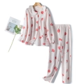 Pink quilted thermal women's pajama set with peach print and lace collar decoration - S / Pink