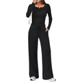 Women's black two-piece knit set featuring long sleeve Henley top and wide-leg pants - S / Black