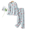 Three-layer quilted blue cotton pajama set with peach patterns and lace Peter Pan collar - S / Blue