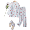 Women's pure cotton peach print kimono pajamas set with long sleeves and pants in blue - S / Blue