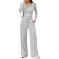 Women's grey knit two-piece set featuring long sleeve Henley top and wide leg pants - S / Top And Bottom / Light Gray