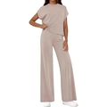 Damen 2-Teiler Lounge-Set mit Kurzarm-Oberteil und weiter Hose in Altrosa - S / Khaki