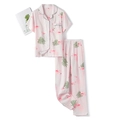 Pink cotton pajama set with flamingo and palm leaf print featuring button-up top and pants - S / Short Sleeve Top And Pants / Pink