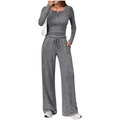 Women's grey two-piece lounge set with long sleeve henley top and wide leg pants - S / Top And Bottom / Dark Gray
