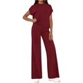Minimalistisches burgunderrotes Set mit ärmellosem Oberteil und High-Waist Weitbein-Hose - S / Burgunderrot