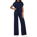 Navy blue women's casual two-piece set with sleeveless top and wide-leg trousers - S / Top And Bottom / Navy Blue
