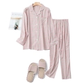 Women's pink plaid cotton pajama set with long sleeves and matching home slippers - S / Women's Long Sleeve Set / Pink Plaid