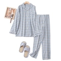 Plaid cotton pajama set for couples with long-sleeved button-up shirt and pants - S / Men's Long Sleeve Set / Blue Grey Grid