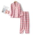 Pink plaid cotton pajama set for kids featuring a long-sleeve button-up top and matching pants - 130 / Girls Pink Plaid