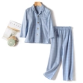 Kids and parents light blue checkered cotton pajamas set with long sleeves and wood buttons - Boys Style / Blue / 120
