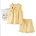 Set estivo per neonati in cotone con top a quadretti gialli senza maniche e ricamo di carota - 120 / Set Short Senza Maniche / Set Short Senza Maniche Giallo Gingham