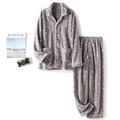 Grey coral fleece pajama set with white star print and button-down long sleeve top - M / Top And Bottom / Gray