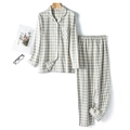 Beige geruite katoenen pyjamaset met shirt met lange mouwen en elastische broek - S / Dames Beige Ruit