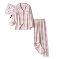 Roze en witte geruite katoenen pyjamaset met top met lange mouwen en bijpassende broek - S / Dames Paars Roze Ruit