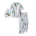Light blue girls cotton flamingo pajama set with short sleeve top and long pants - Blue Short Sleeve Full Length Set / 130