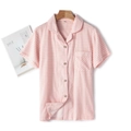 Short sleeve pink gingham cotton pajama top with classic collar and wood buttons - S / Women Short Sleeve Long Pants Pink Gingham