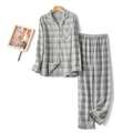 Classic grey checkered cotton pajamas set with long sleeves and button-down shirt - M / Women's Heather Grey Plaid