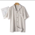 Khaki plaid cotton short sleeve pajama top with wooden buttons and chest pocket - S / Men Short Sleeve Long Pants Grey Gingham