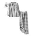 Grey checkered cotton pajama set for couples featuring long-sleeved shirt and trousers - M / Men's Heather Grey Plaid