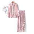 Women's pink plaid pajama set with long-sleeved button-up top and matching cotton pants - S / Women Long Sleeve Long Pants New Pink Gingham