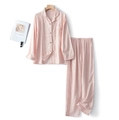 Pink and white checkered cotton pajama set with long-sleeved shirt and matching trousers - S / Top And Bottom / Women's Long Sleeve Top And Long Pants / Pink Plaid