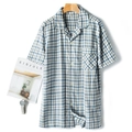 Men's blue plaid cotton short-sleeve pajama shirt with button-down collar and chest pocket - S / Men's Short Sleeve Pants Set / Blue Grey Grid
