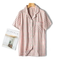 Women's pink gingham cotton short sleeve pajama top with a classic lapel and front pocket - S / Women's Short Sleeve Pants Set / Pink Plaid